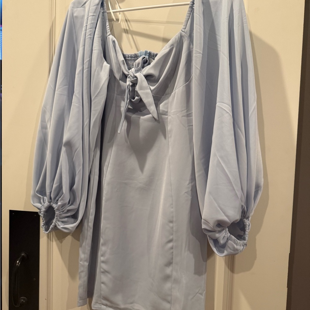Blue Tie Front Long Sleeve Dress
